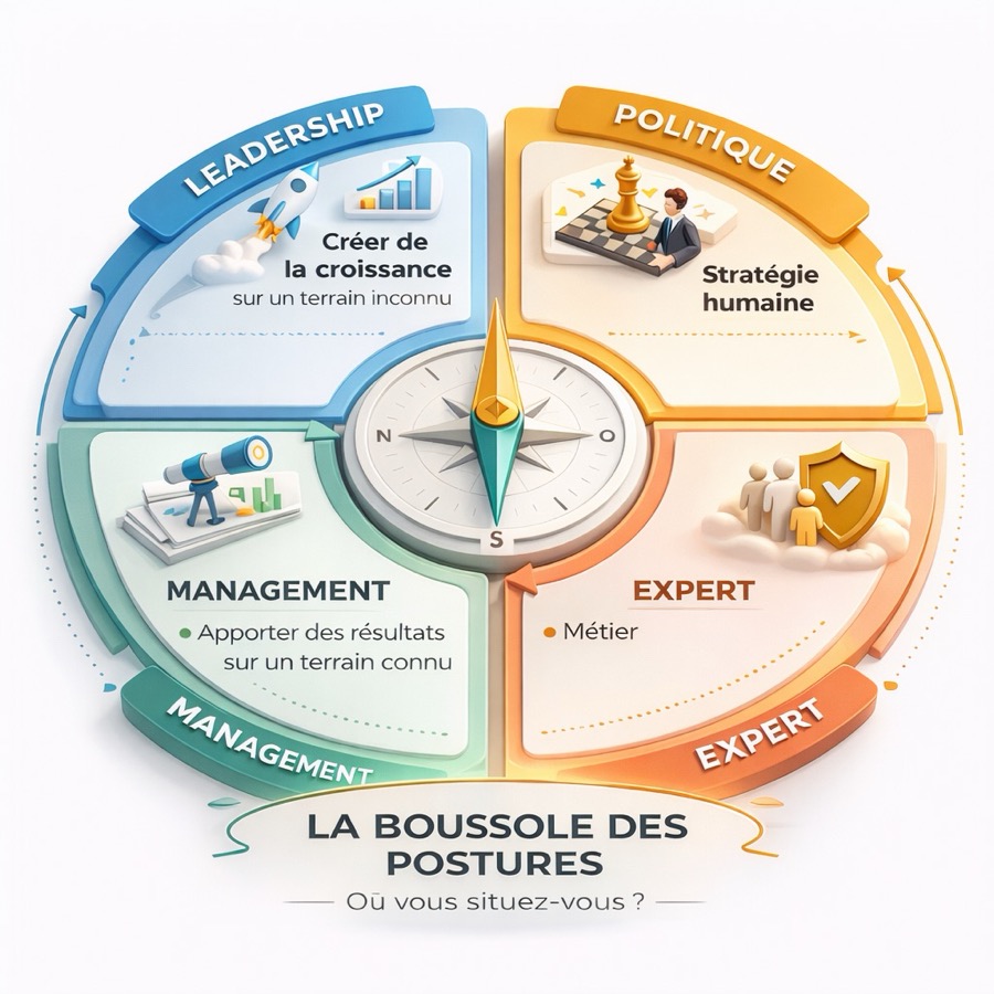 La Boussole des Postures : les quatre quadrants Leadership, Politique, Management et Expert autour d'un compas